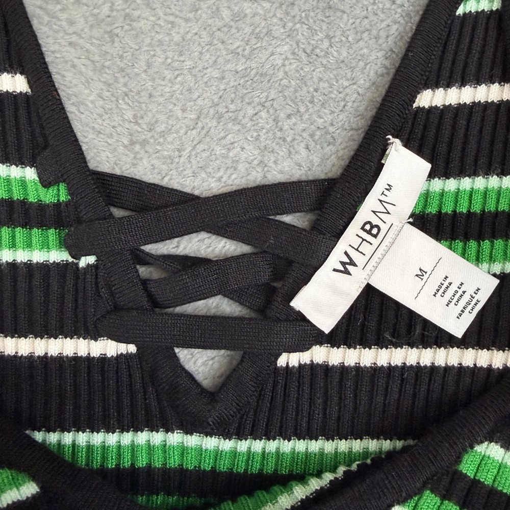 White House Black Market Womens Ribbed Lace Up Striped‎ Tank Top Black Green M - Picture 3 of 11